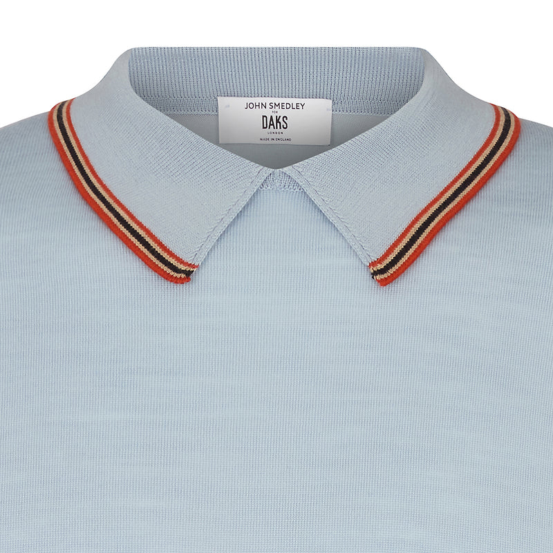 DAKS X JOHN SMEDLEY HOUSE STRIPE COLLARED L/S TOP - BLUE HAZE